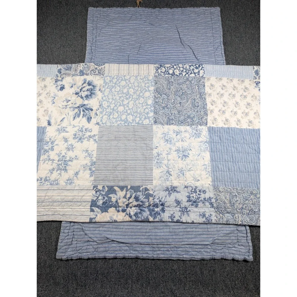 Laura Ashley Blue White Floral Patchwork Quilted King Pillow Cover Sham 21x37